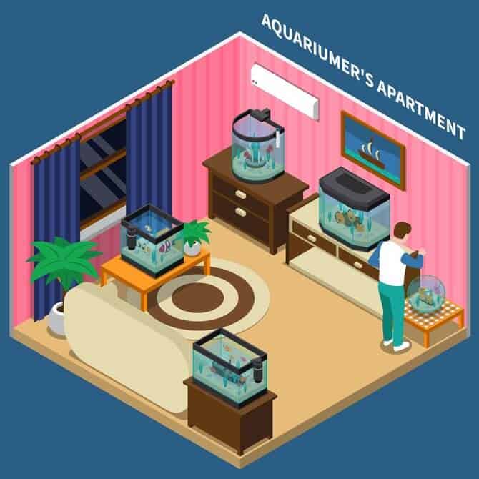 Illustration of small piece of apartment with home aquarium fish