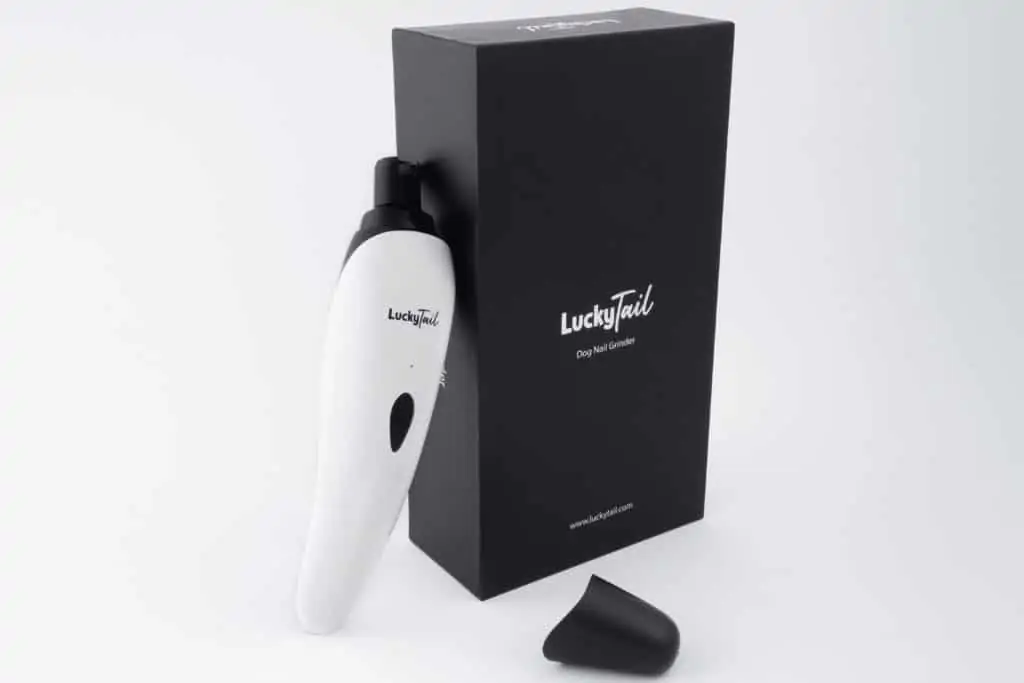 LuckyTail Dog Nail Grinder and its box on white background