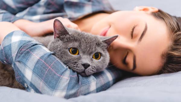 A woman laying down on a mattress beside a cat