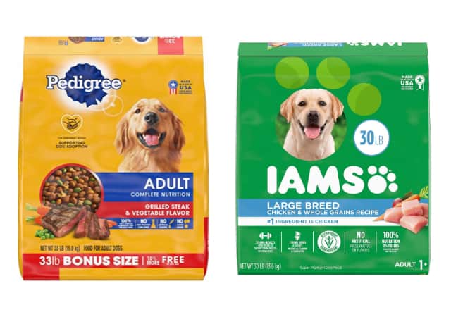 Famous commercial dog food brands Pedigree and IAMS on white backgrgound